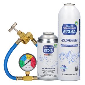 Refrigerante sostitutivo R134a per veicoli + sigillante + tubo e manometro